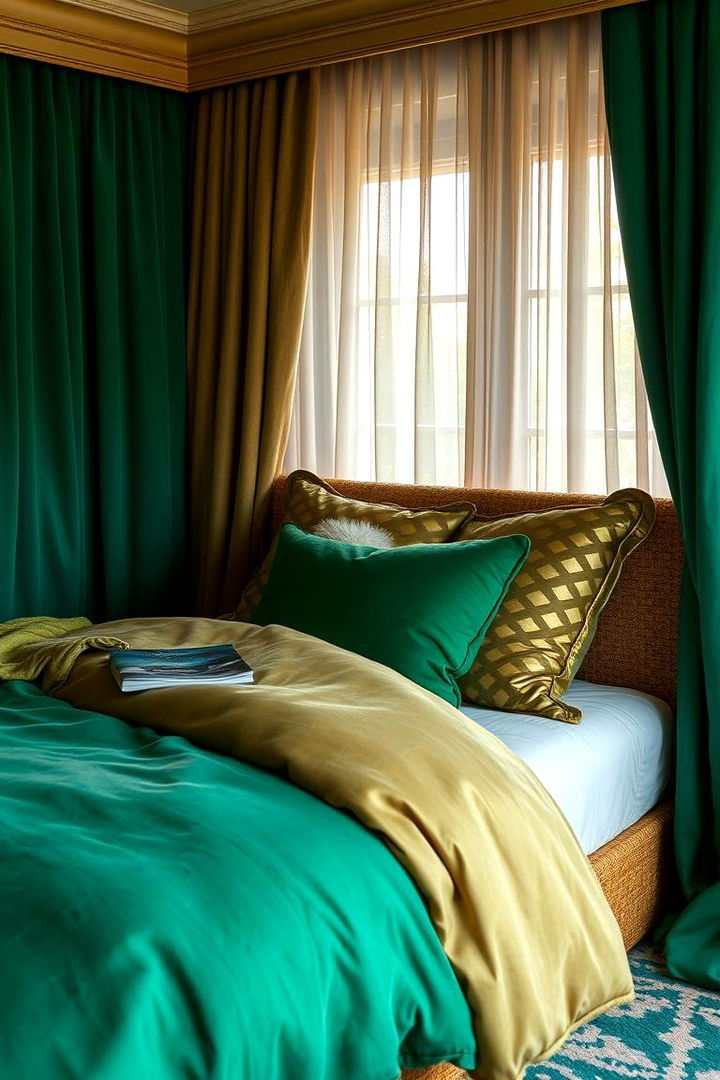 Rich Fabric Layers - 22 Emerald Green and Gold Bedroom Ideas