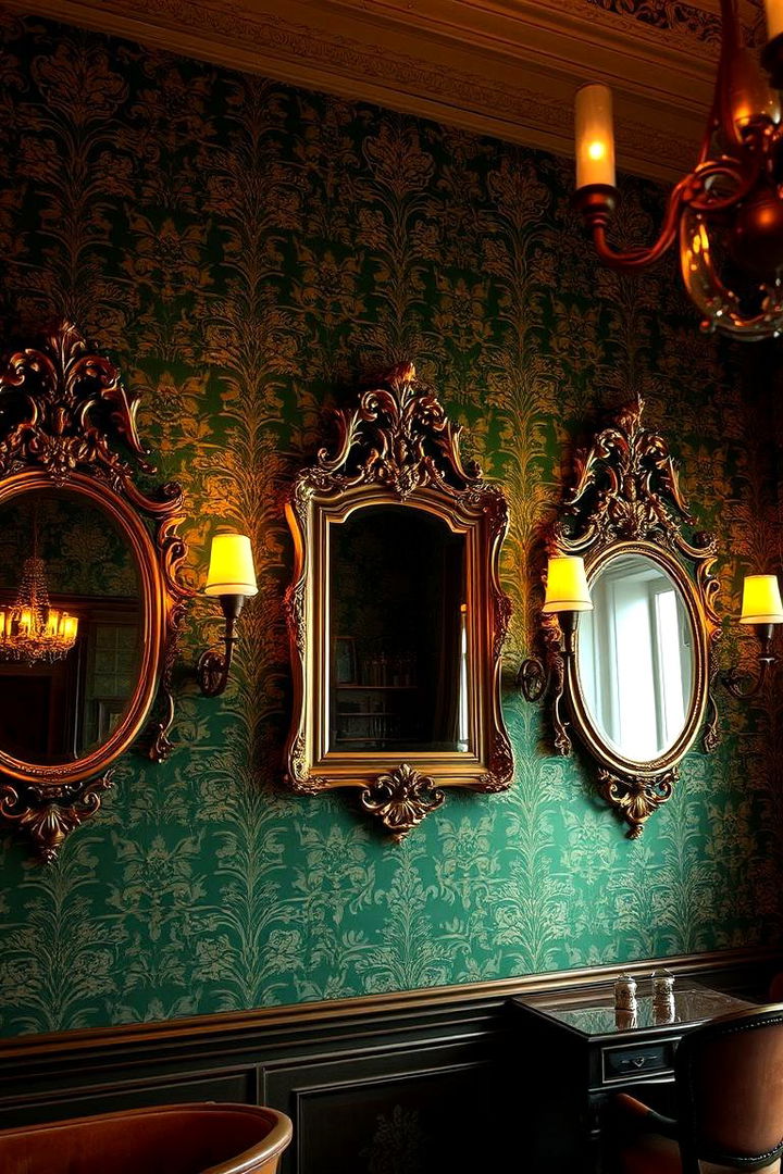 Rich Patterned Wallpaper with Dark Green Hues - Dark Green Victorian Living Room Ideas for Moody Elegance