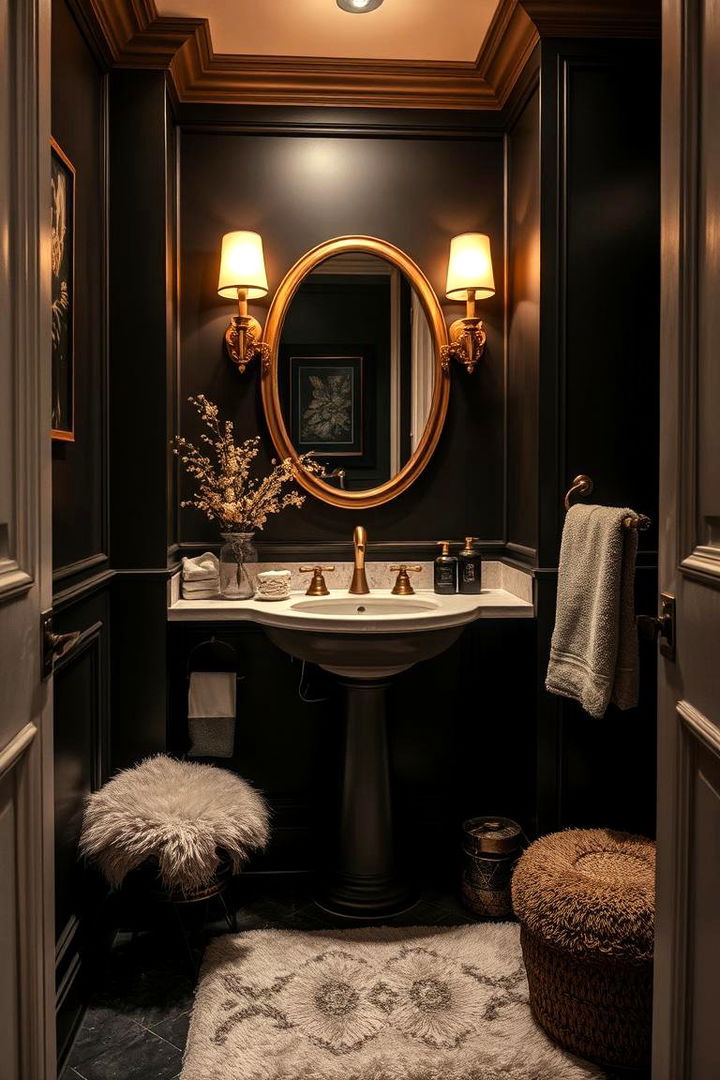 Rich Texture and Warm Tones - 22 black and gold powder room ideas