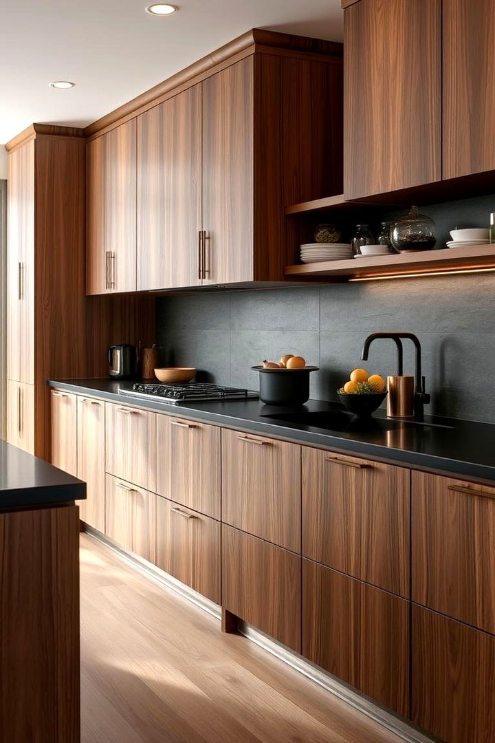Rich Textures Creating Sensory Delight - 22 Brown Kitchen Cabinets With Black Countertops