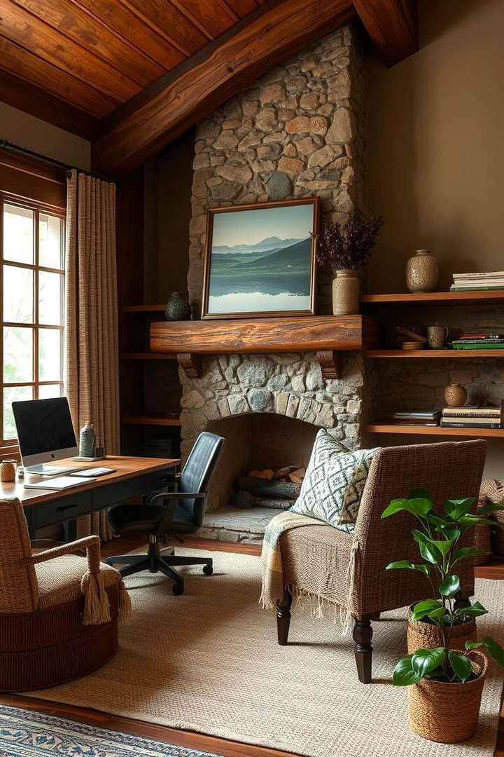 Rich Wood Tones and Textural Contrasts - 22 Home Office With Fireplace Ideas