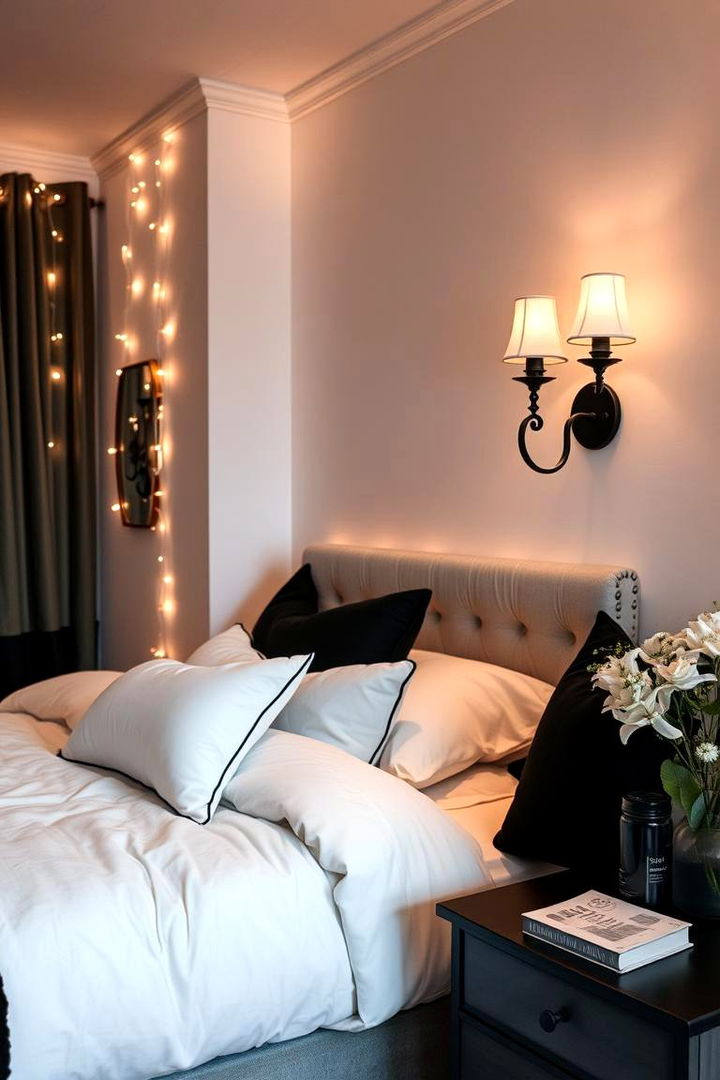 Romantic Lighting Effects - 22 Feminine Black and White Bedroom Ideas