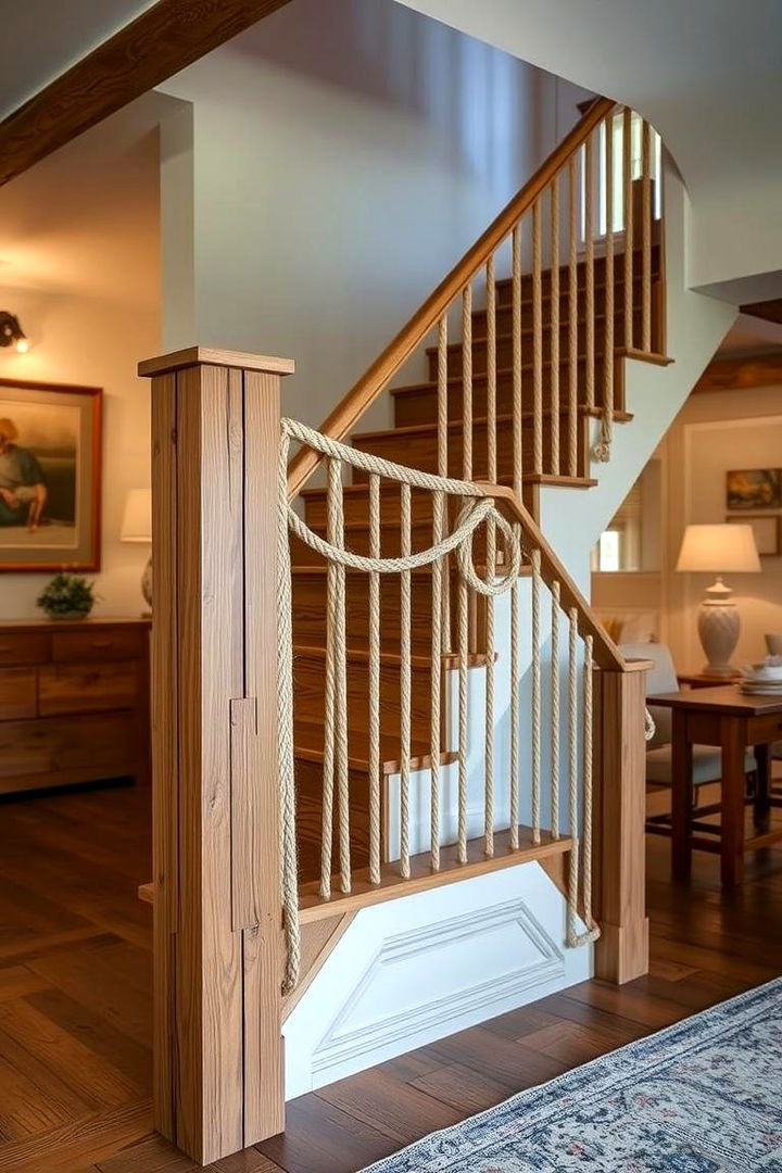 Rope and Wood Combination - 22 Farmhouse Rustic Stair Railing Ideas