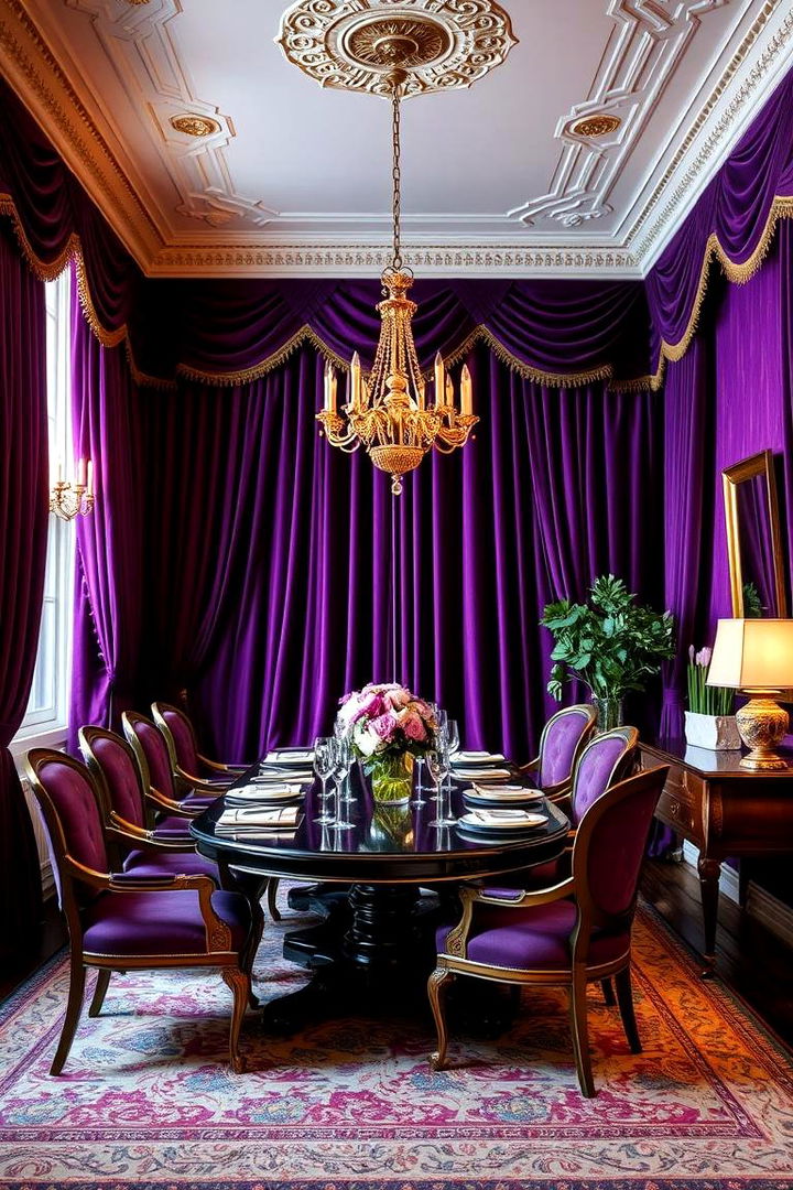 Royal Velvet Draperies - 22 Purple Dining Room Ideas