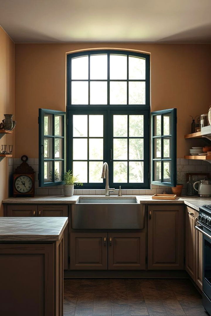 Rustic Charm Black Framed Windows with Beige Walls - 22 black and beige kitchen ideas