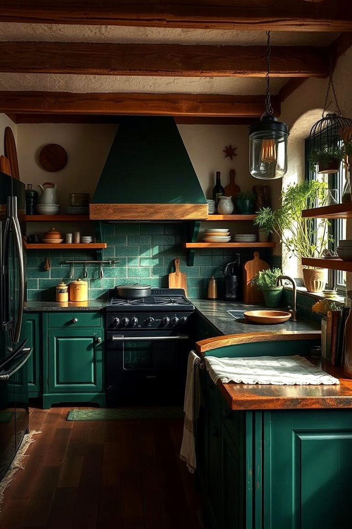 Rustic Charm with Deep Green Accents - 22 Black and Green Kitchen Ideas