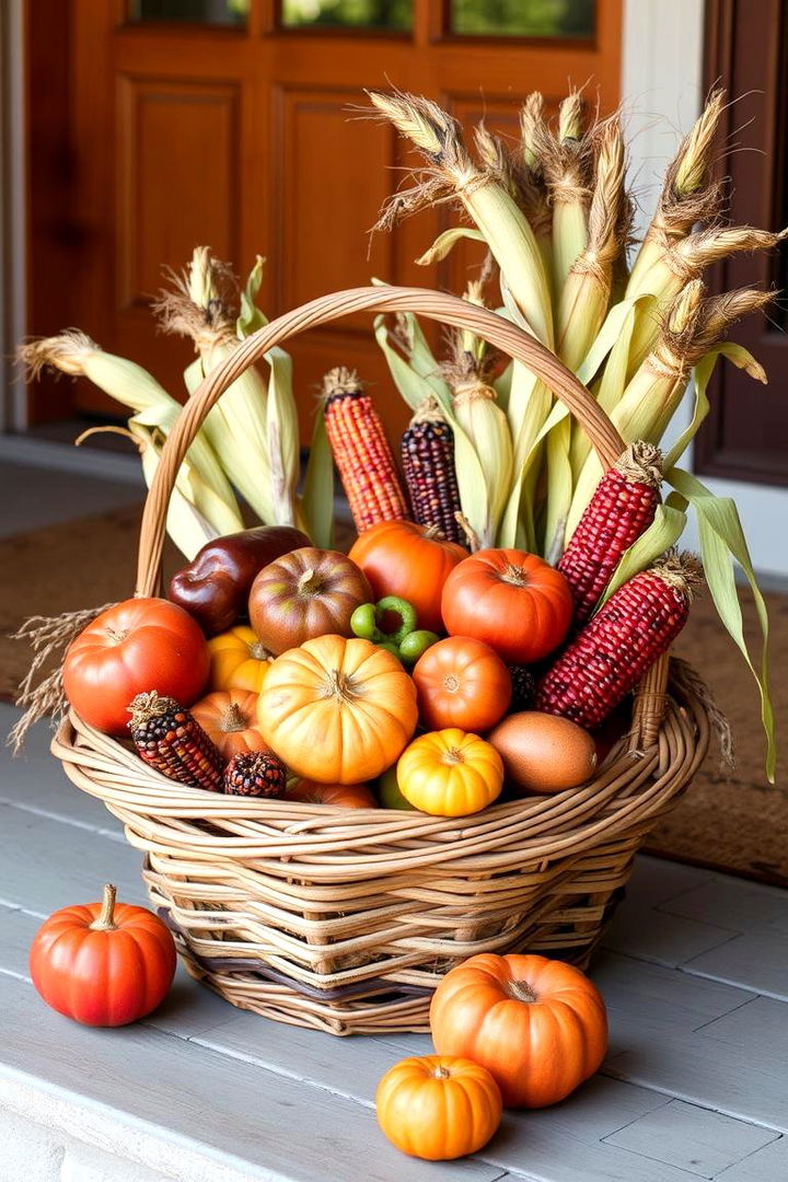 Rustic Harvest Baskets and Corn Stalks - 22 Fall Porch Decor Ideas