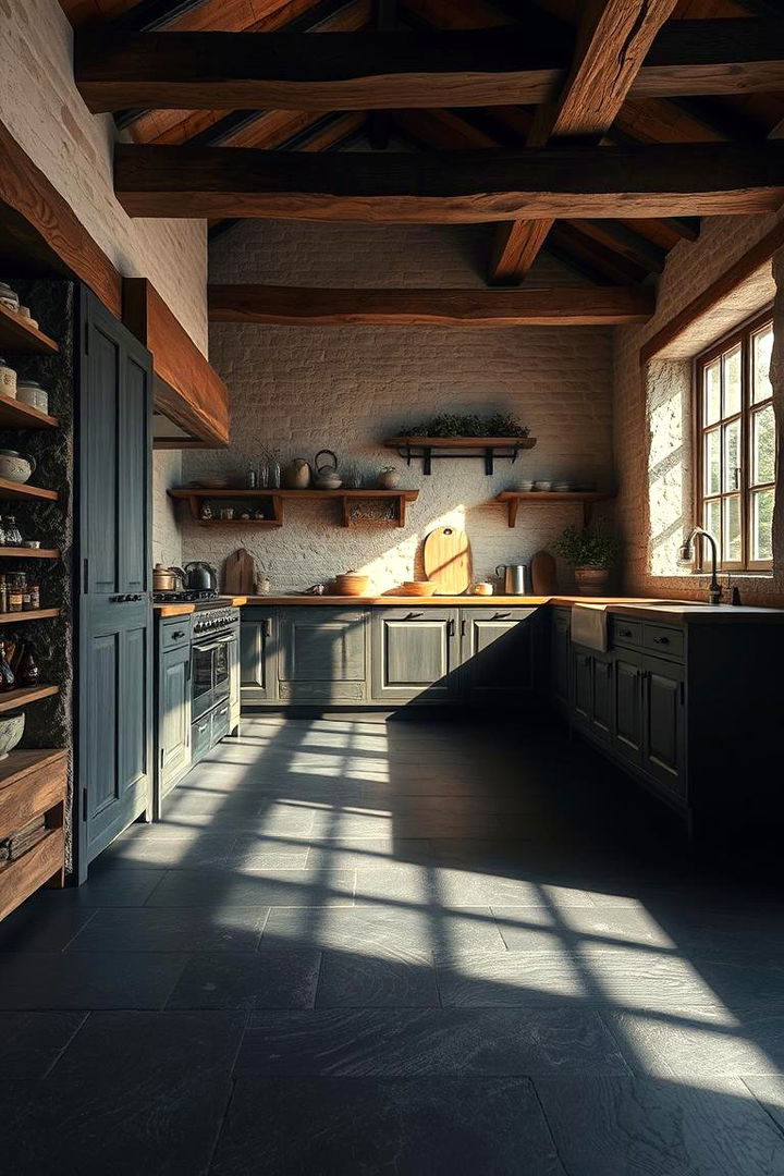 Rustic Matte Black Stone Flooring - 22 Black Floor Kitchen Ideas