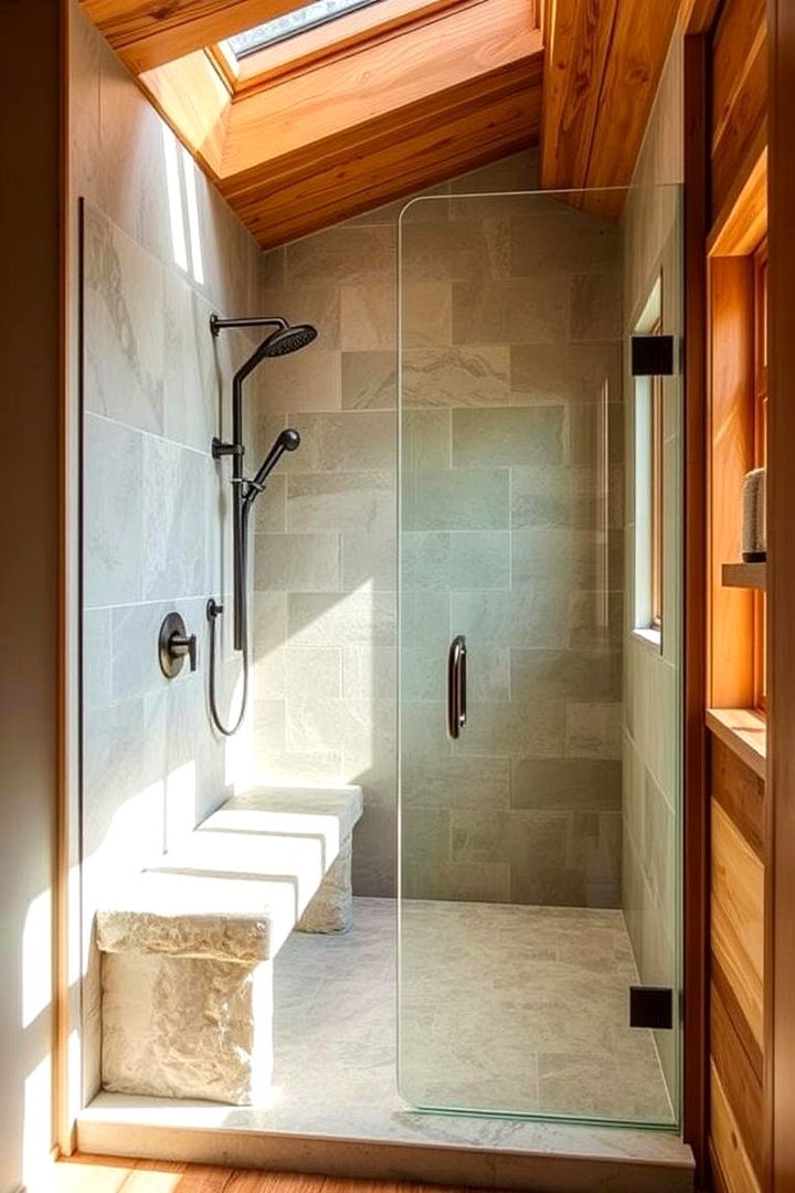 Rustic Natural Stone Bench Charm - Functional Walk-In Shower Ideas With Bench Seating