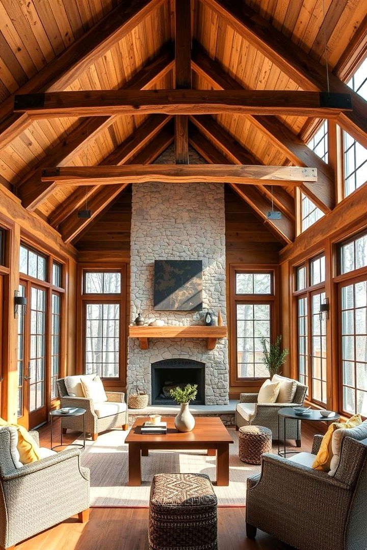 Rustic Retreat with Natural Elements - 22 Sunroom With Fireplace Ideas