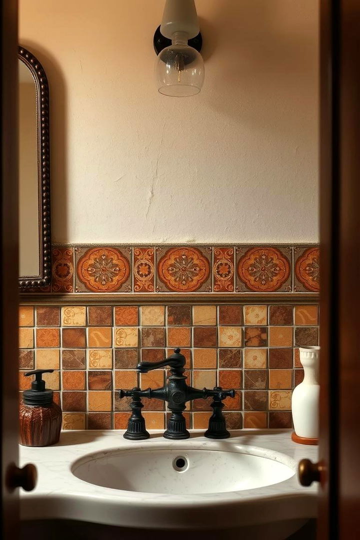 Rustic Tiled Backsplash Accent - 22 Spanish Style Bathroom Ideas