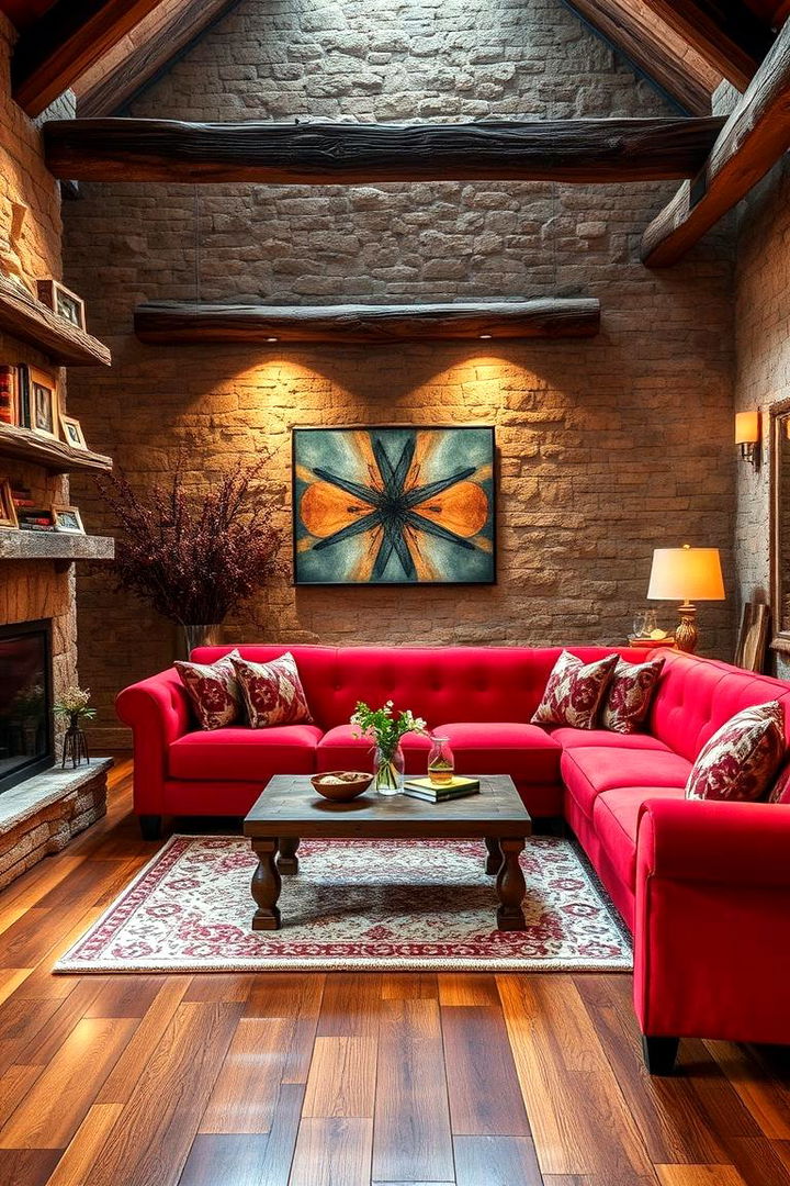 Rustic Warmth with Modern Touches - 22 Red Couch Living Room Ideas