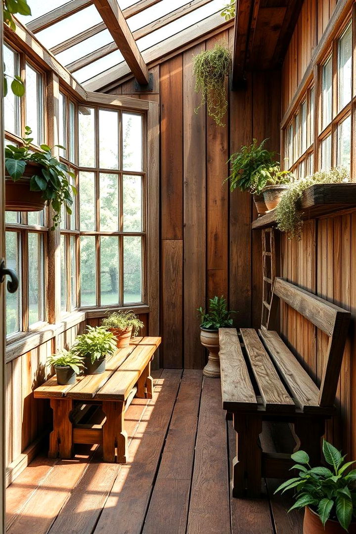 Rustic Wooden Benches - 22 Greenhouse Decor Ideas