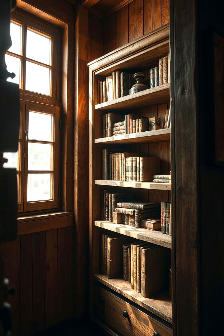 Rustic Wooden Bookcase for Cozy Views - 22 Bookcases Around Window Design Ideas