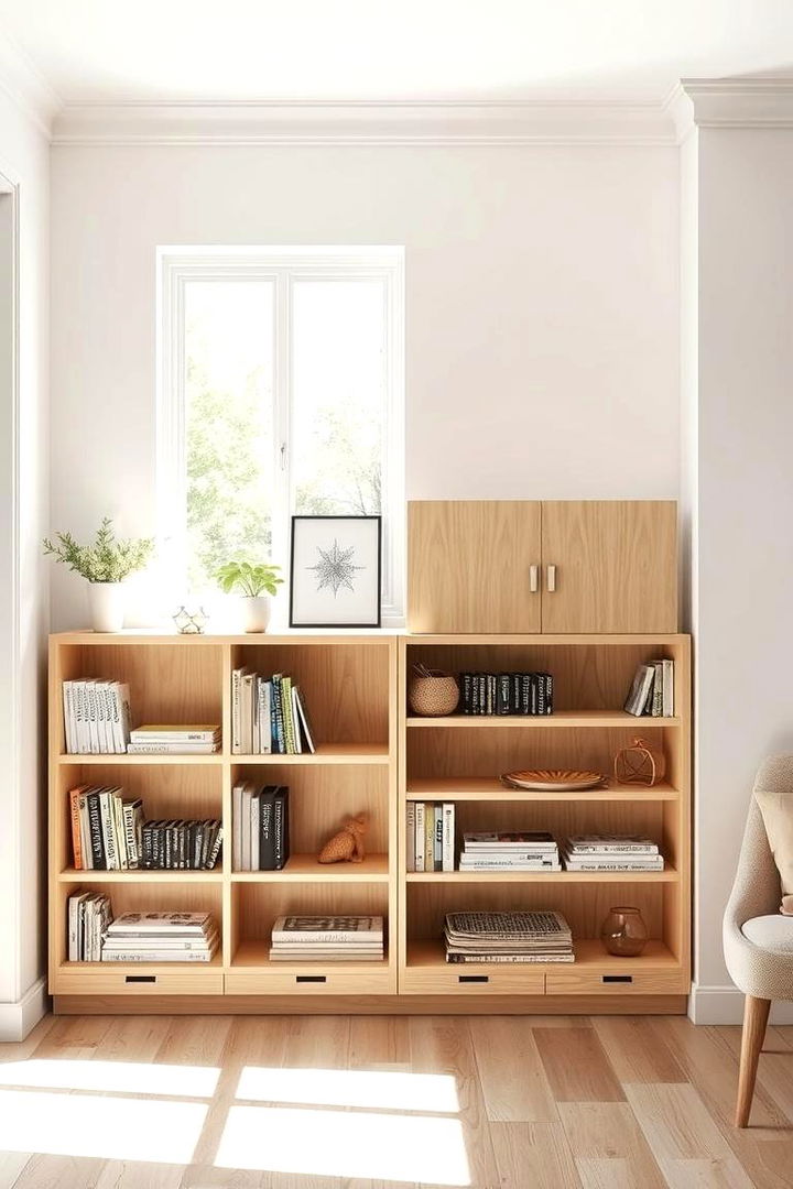 Scandinavian Inspired Bookcase near Window Light - 22 Bookcases Around Window Design Ideas