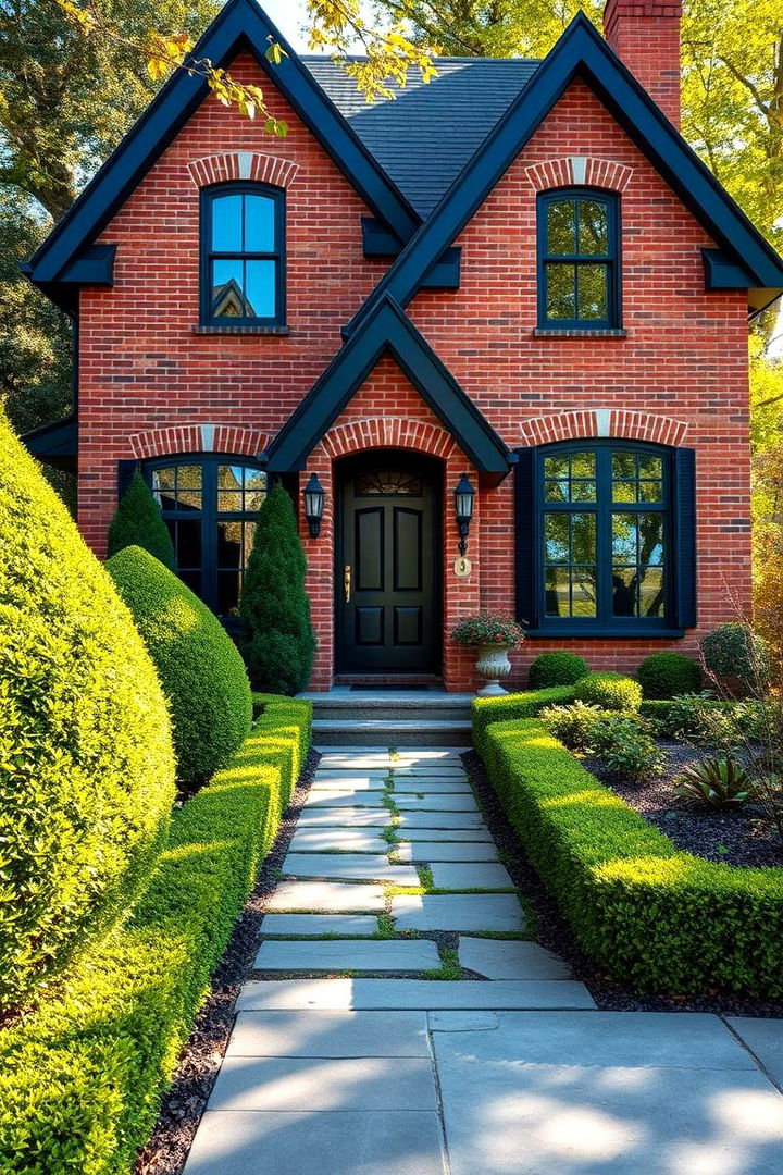 Sculpted Landscaping Integration - 22 Red Brick House with Black Trim Design Ideas
