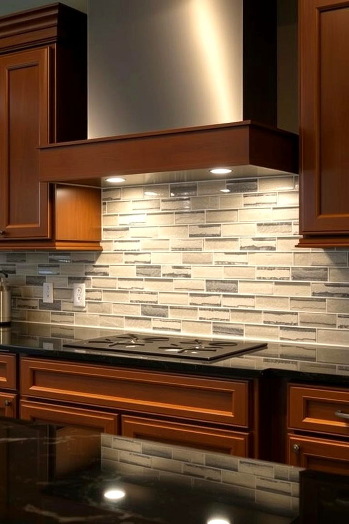 Seamless Backsplash Design - 22 kitchen with brown cabinets and black countertops ideas