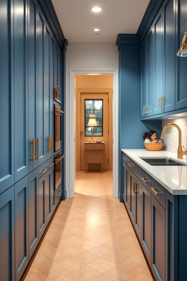 Seamless Integration in Design - 22 blue kitchen cabinets with gold hardware