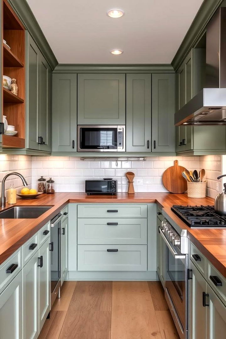 Seamless Integration with Appliances - 22 Sage Green Kitchen Cabinets With Butcher Block Countertops