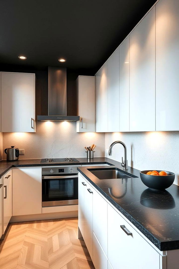 Seamless Integration with Lighting - 22 kitchen with dark countertops and light cabinets