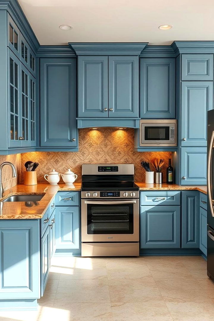 Seamless Integration with Modern Appliances - 22 blue kitchen cabinets with brown granite countertops
