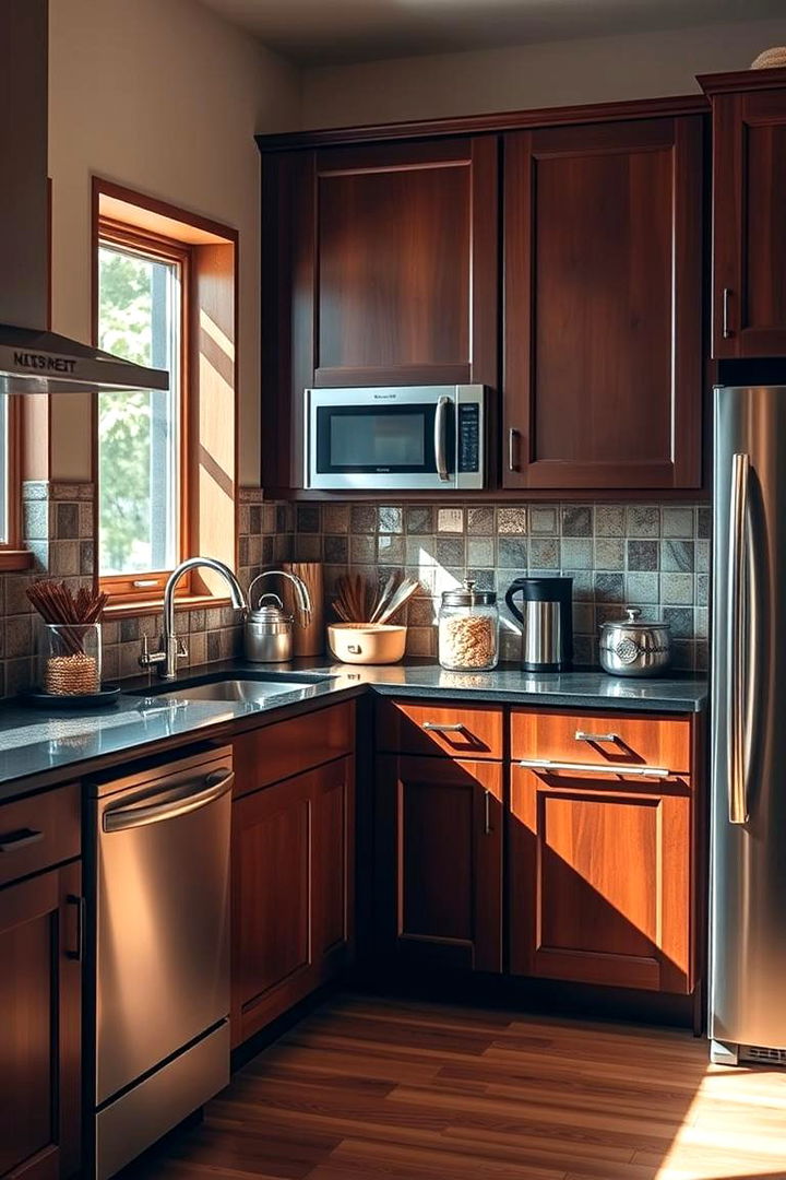 Seamless Integration with Modern Appliances - 22 Brown Kitchen Cabinets With Black Countertops