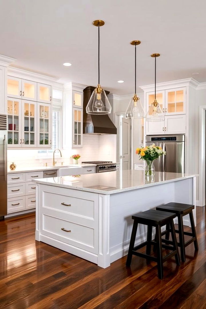Shiplap Island with Glass Cabinetry Detailing - 22 Shiplap Kitchen Island Ideas