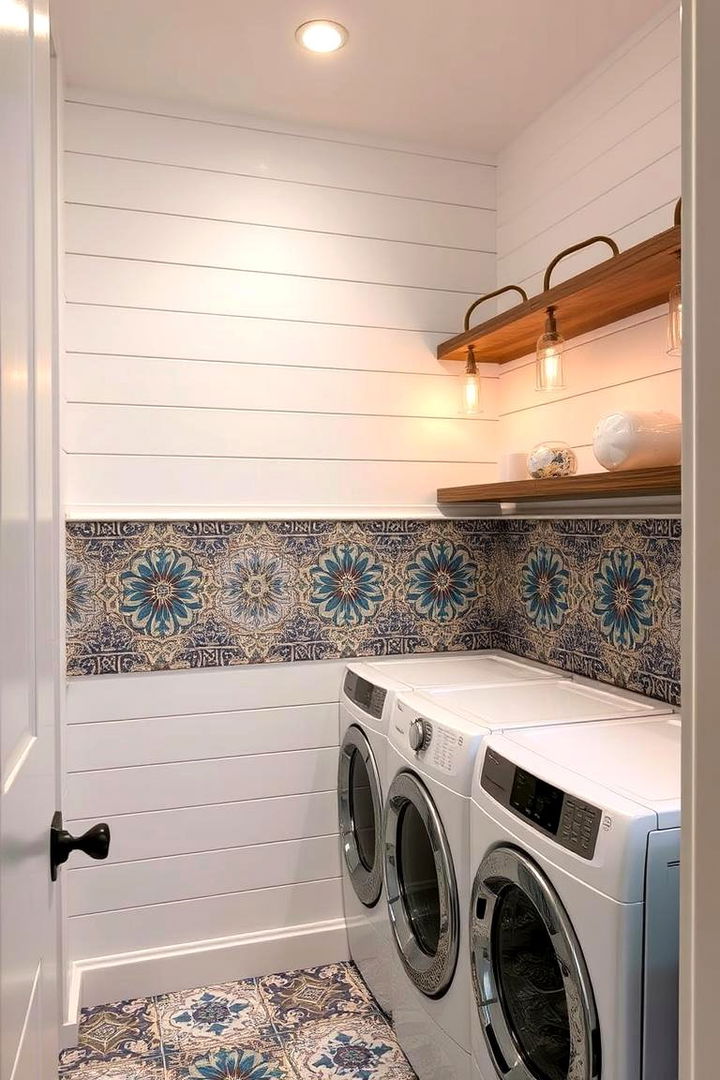 Shiplap and Patterned Tile Blend - 22 Shiplap Laundry Room Ideas