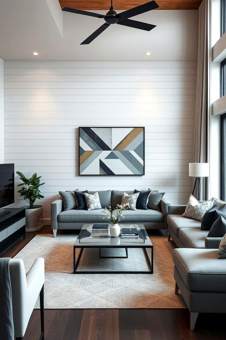 Shiplap with Geometric Patterns - 22 Shiplap Living Room Ideas