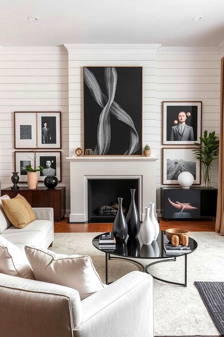 Shiplap with Modern Art Displays - 22 Shiplap Living Room Ideas