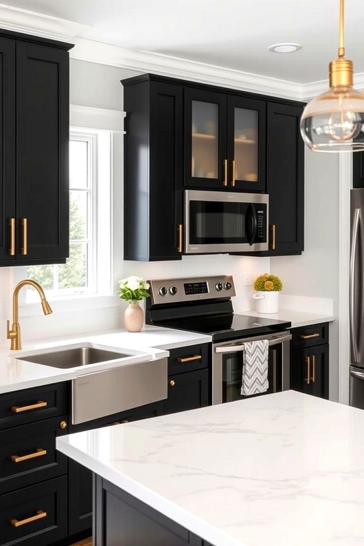 Sleek Black Cabinets - 22 black white and gold kitchen ideas