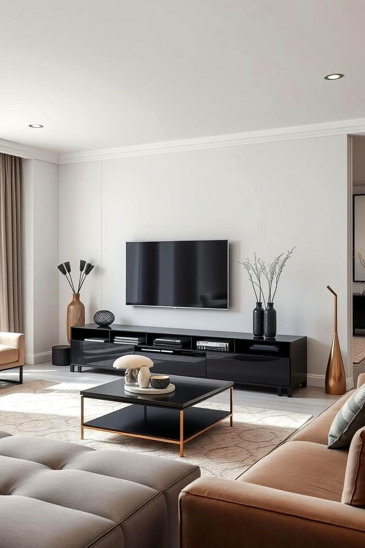 Sleek Black Entertainment Centre - 22 Black and Gold Living Room Ideas