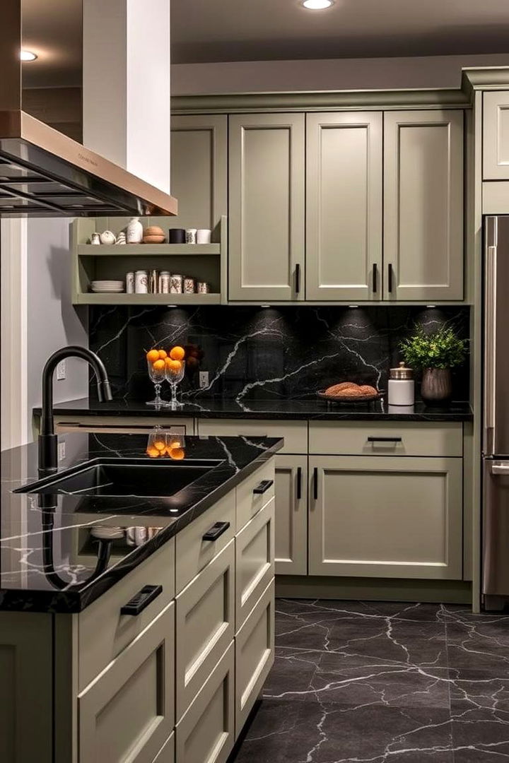 Sleek Black Marble Countertops - 22 Sage Green and Black Kitchen Ideas