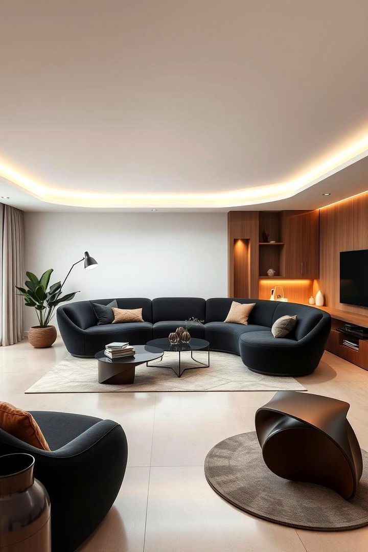 Sleek Curve Design with a Unique Black Couch - 22 Black Couch Living Room Ideas