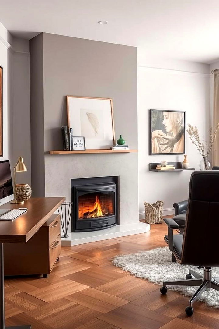 Sleek Finishes with Retro Fireplace Feel - 22 Home Office With Fireplace Ideas