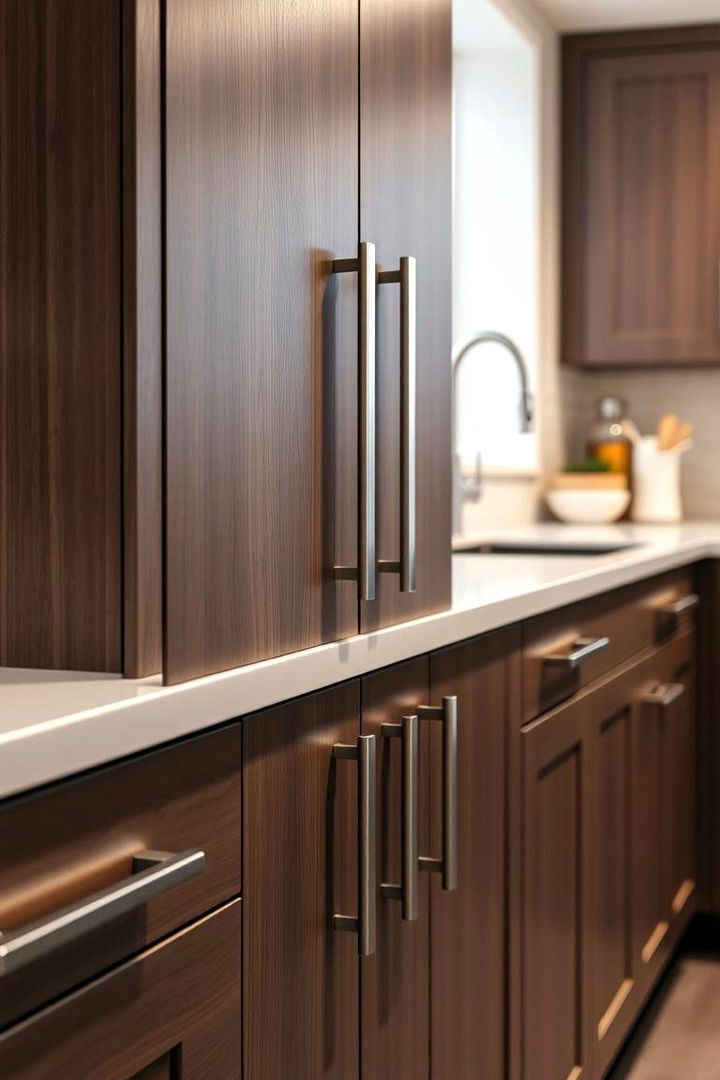 Sleek Hardware Accents - 22 Brown Kitchen Cabinets Ideas