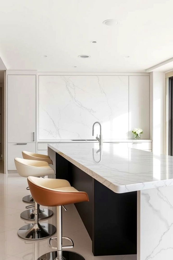 Sleek Marble Topped Island with Contemporary Barstools - 22 Kitchen Island Ideas With Seating