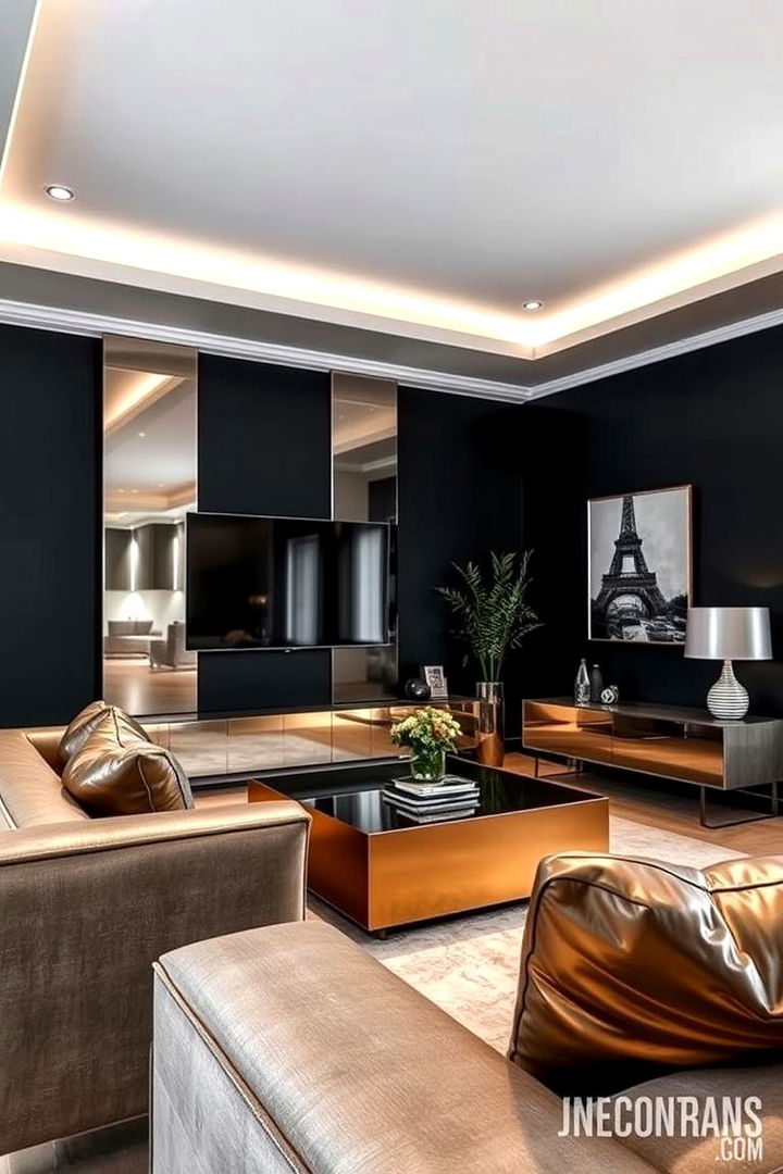 Sleek Metallic Accents - 22 Dark Living Room Ideas