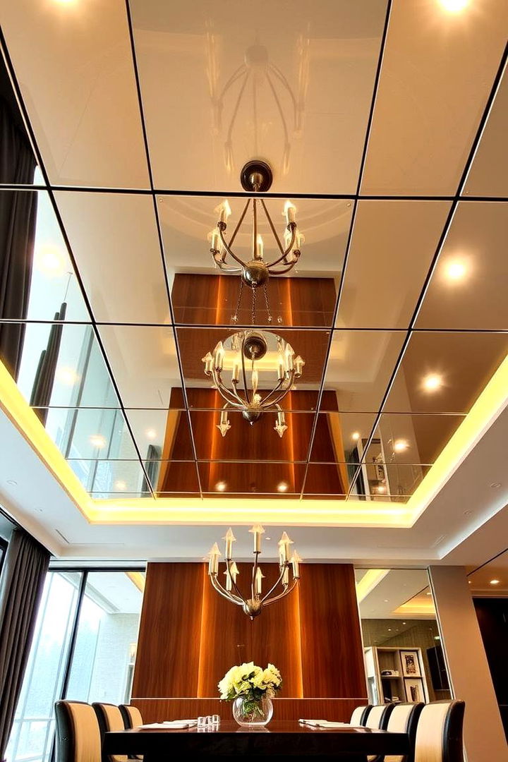 Sleek Mirror Accents - 22 Dining Room Ceiling Ideas