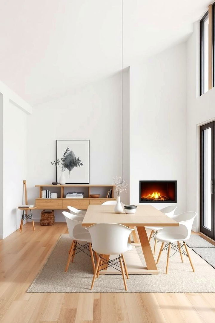Sleek Scandinavian Simplicity with Fireplace Comfort - 22 Dining Room With Fireplace Ideas