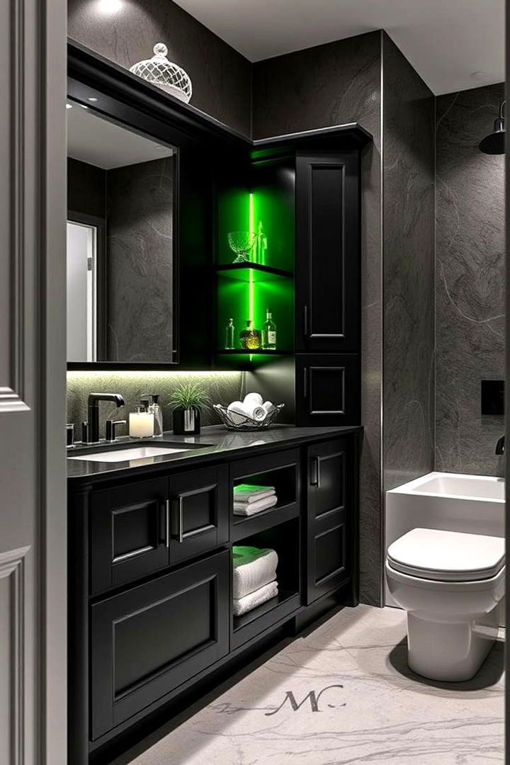 Sleek Storage with Stylish Touch - 22 Black and Green Bathroom Ideas
