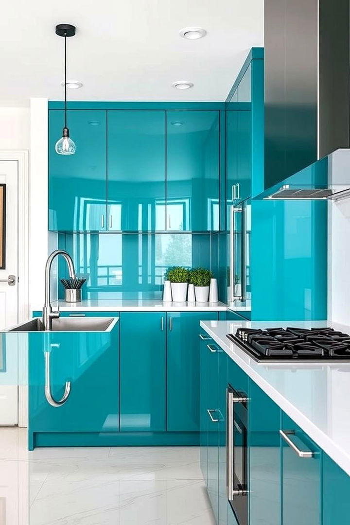 Sleek Teal and White Kitchen with Mirrored Surfaces - 22 Teal and White Kitchen Ideas