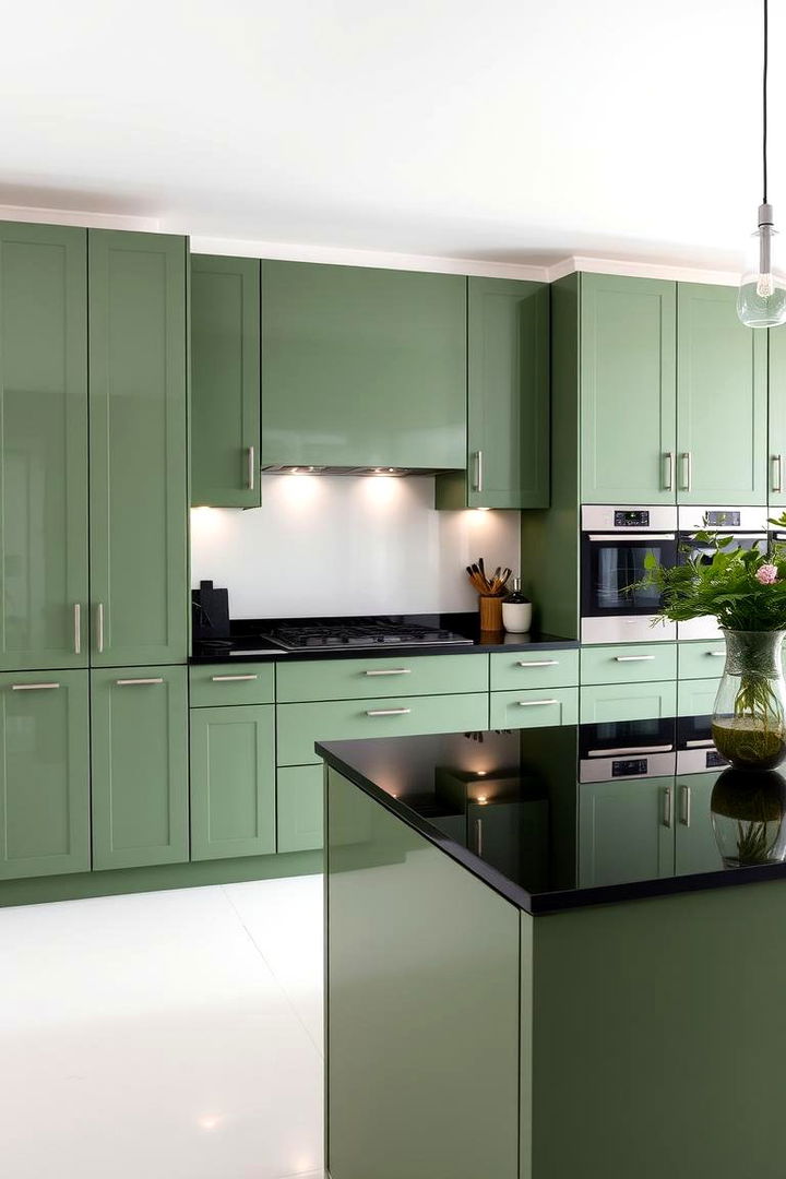 Sleek and Sophisticated Living - 22 Green Kitchen Cabinets With Black Countertops