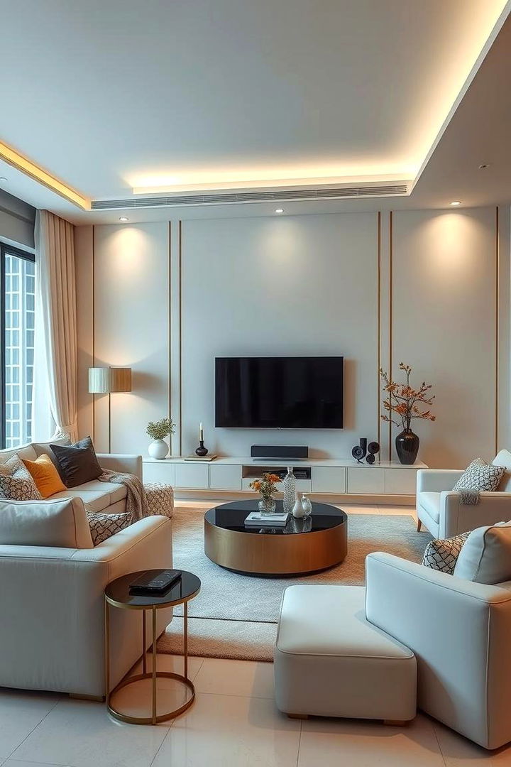 Smart Integration Merging Technology with Timeless Style - 22 Cream and Gold Living Room Ideas
