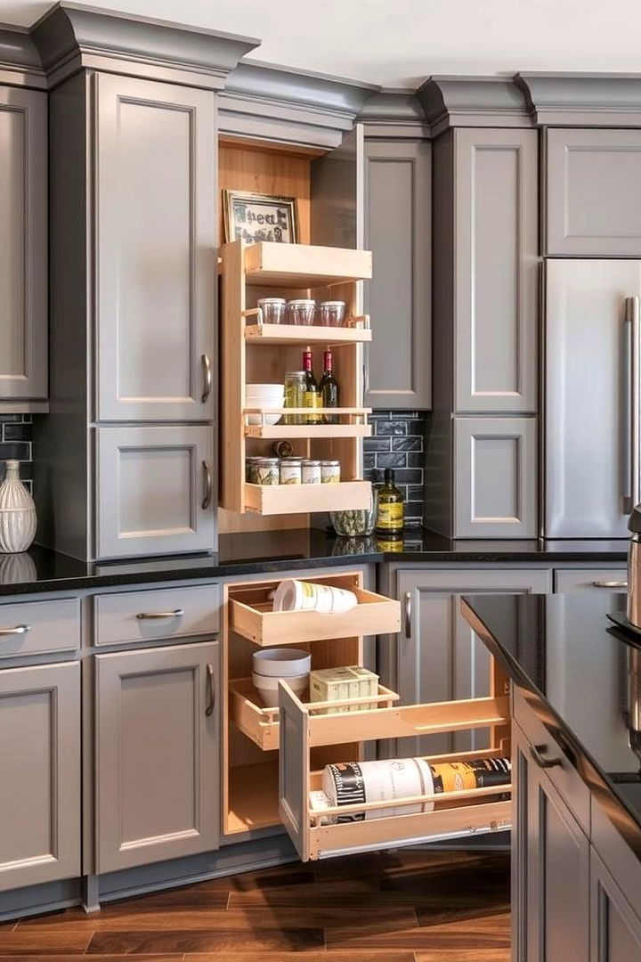 Smart Storage Solutions - 22 Kitchen With Gray Cabinets And Black Countertops Ideas