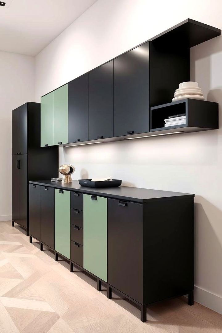 Smart Storage Solutions in Black and Green - 22 Sage Green and Black Kitchen Ideas