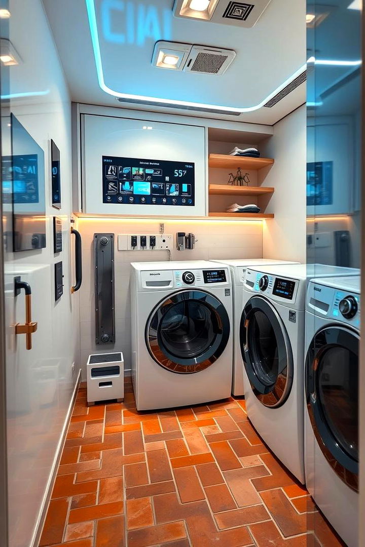 Smart Tech equipped Laundry Featuring Innovative Automation - 22 Brick Floor Laundry Room Ideas