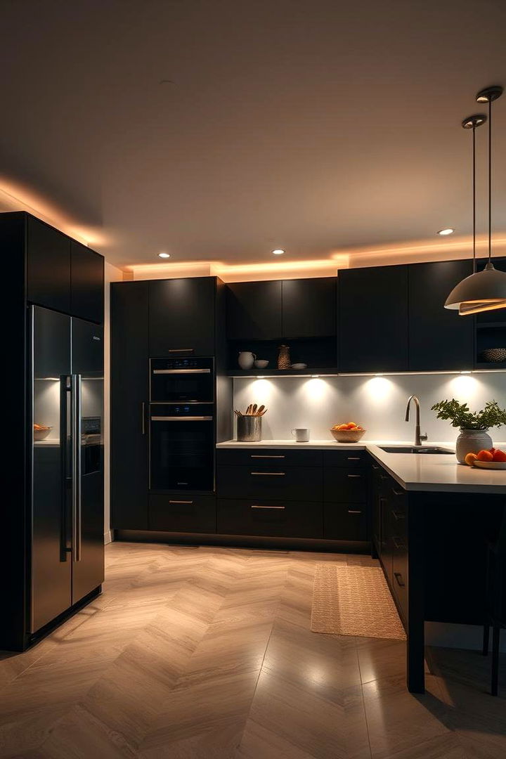 Soft Ambient Lighting - 22 Black Kitchen Cabinet Ideas