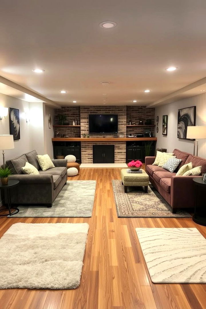 Soft Area Rugs and Zoned Layouts - 22 Basement Floor Ideas