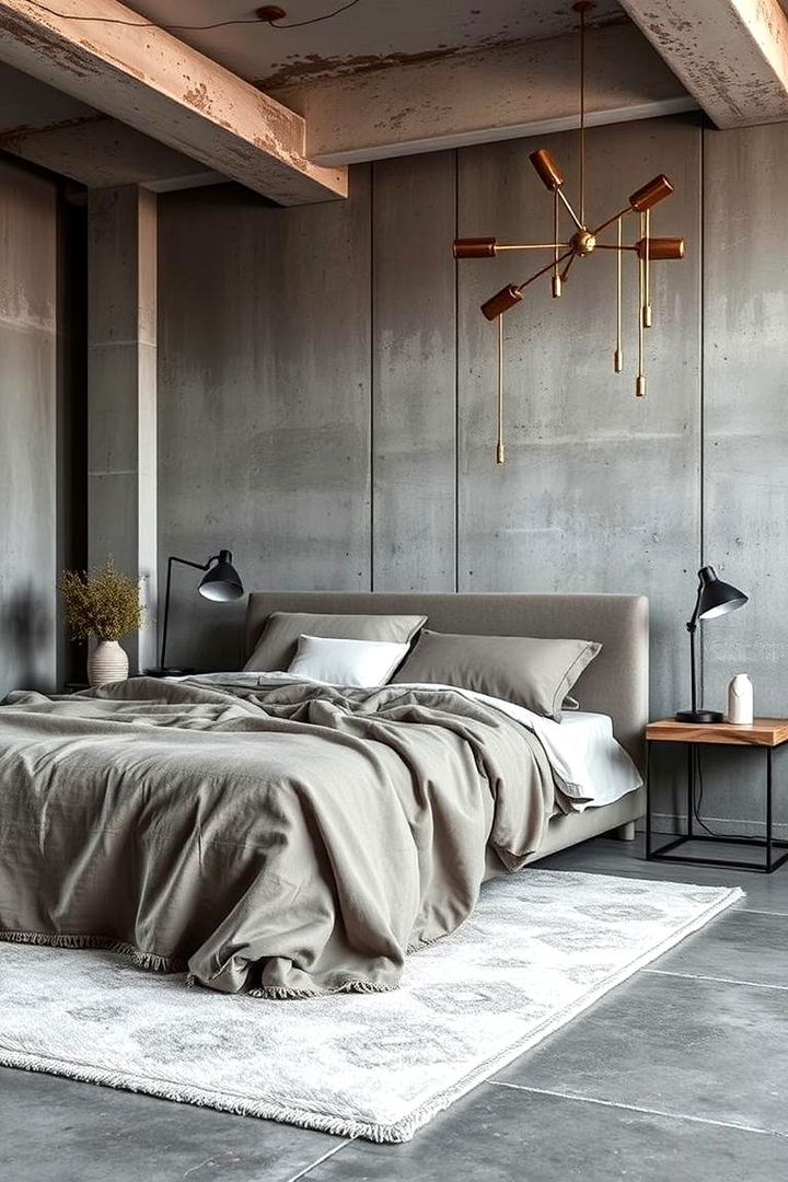 Soft Industrial Layers - 22 Concrete Floor Bedroom Ideas